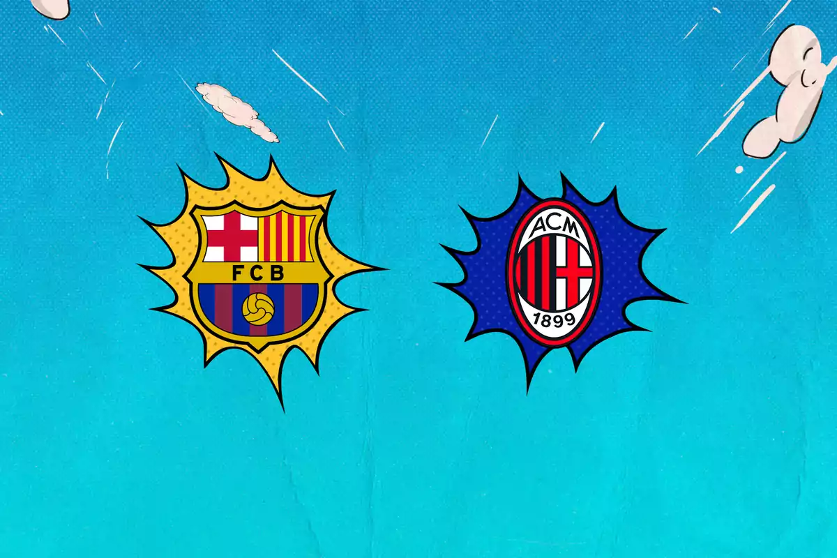 Escudos de los equipos de fútbol FC Barcelona y AC Milan sobre un fondo azul con nubes y efectos de cómic.