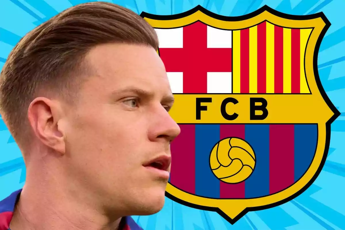 A player with the FC Barcelona crest in the background