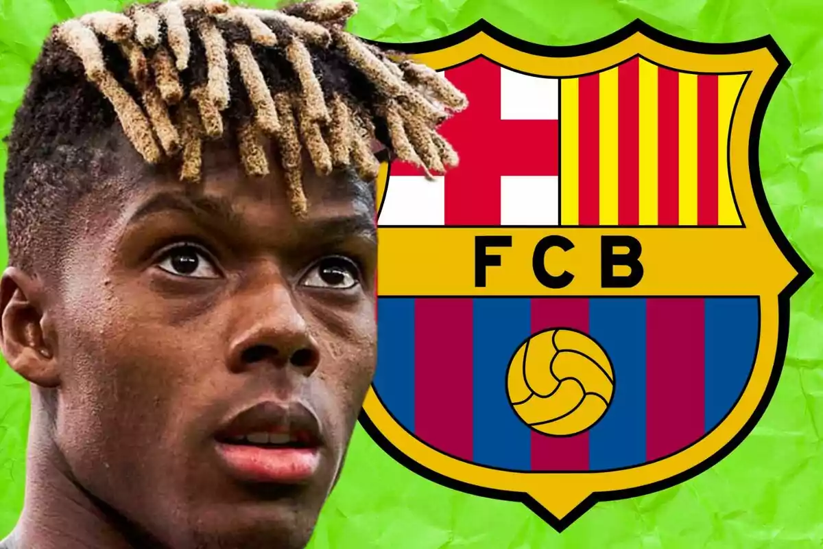 Un futbolista con el cabello rubio y rizado aparece junto al escudo del FC Barcelona sobre un fondo verde.