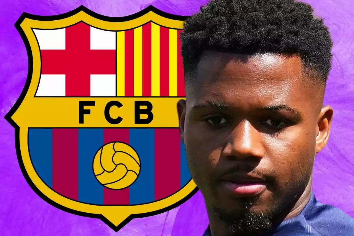 A player in front of the FC Barcelona crest on a purple background