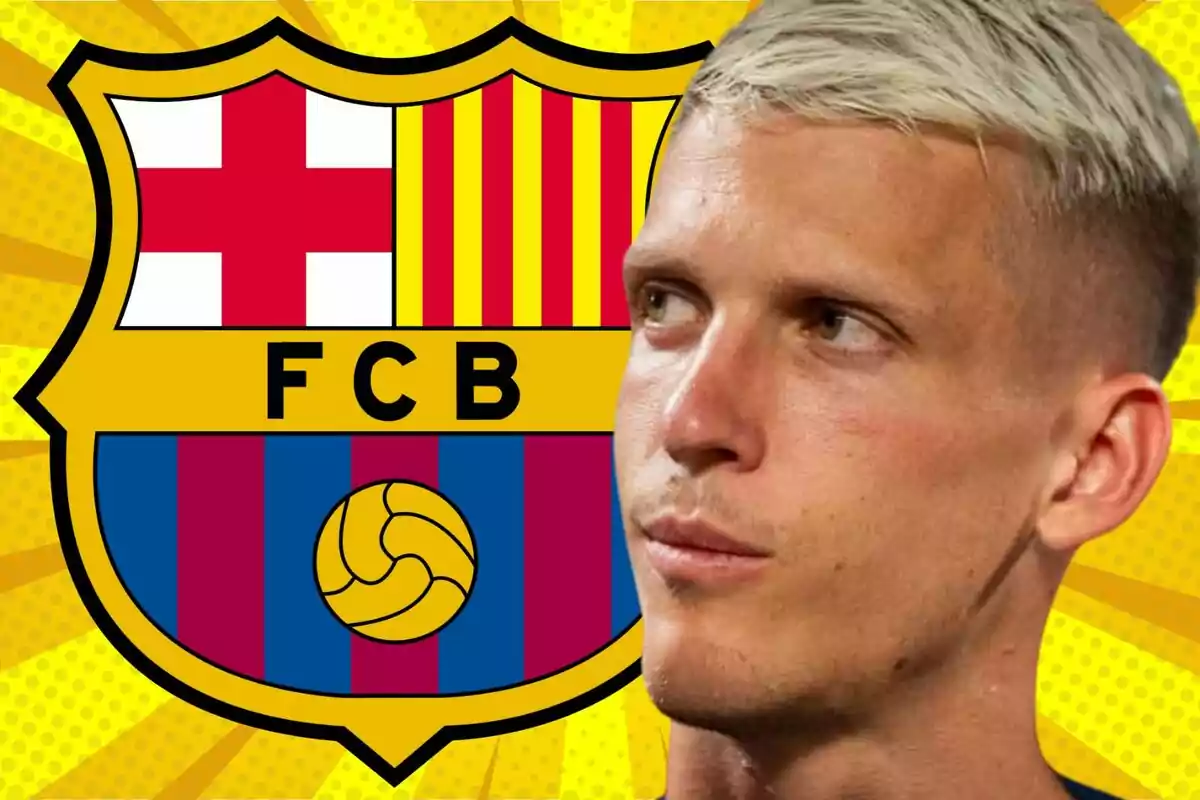 A blond player with the FC Barcelona crest in the background on a striking yellow design