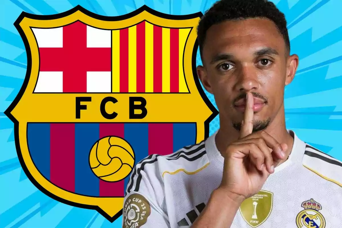 Jugador con camiseta del Real Madrid haciendo gesto de silencio frente al escudo del FC Barcelona