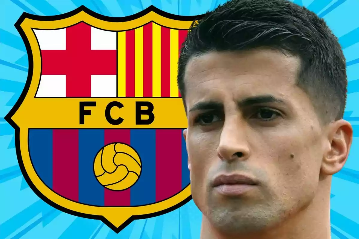 Futbolista con expresión seria frente al escudo del FC Barcelona sobre un fondo azul
