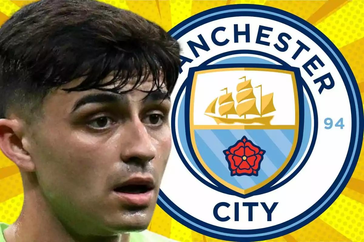 A player with a serious expression appears in the foreground next to the Manchester City crest against a striking yellow background.