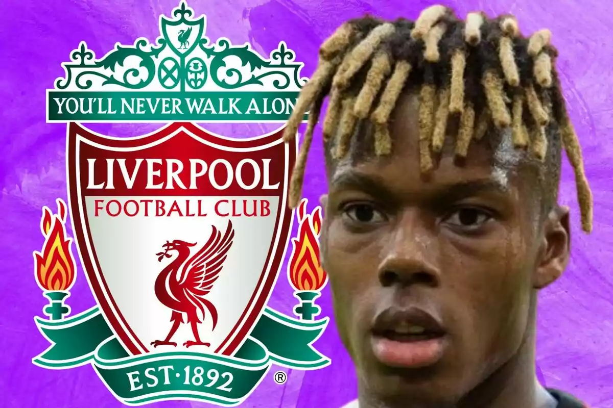 A player with blonde dreadlocks appears in the foreground next to the Liverpool crest against a purple background.