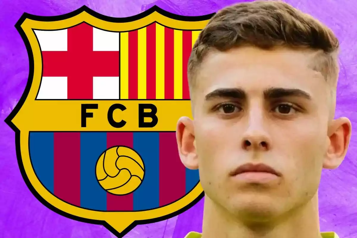 Young man with a serious expression in front of the FC Barcelona crest against a purple background