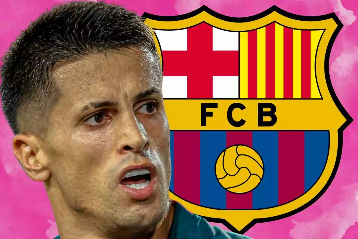 Soccer player with a serious expression in front of the FC Barcelona crest against a pink background