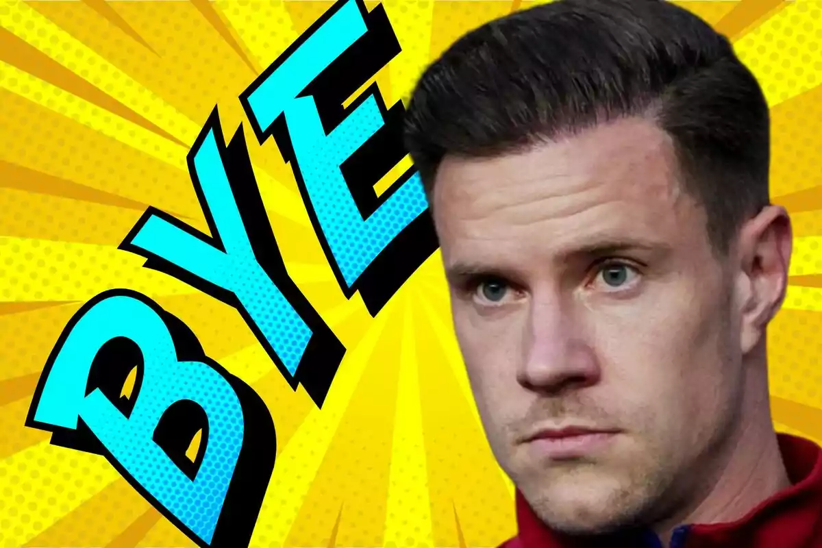 Serious-looking man next to the word BYE in large letters on a yellow comic-style background