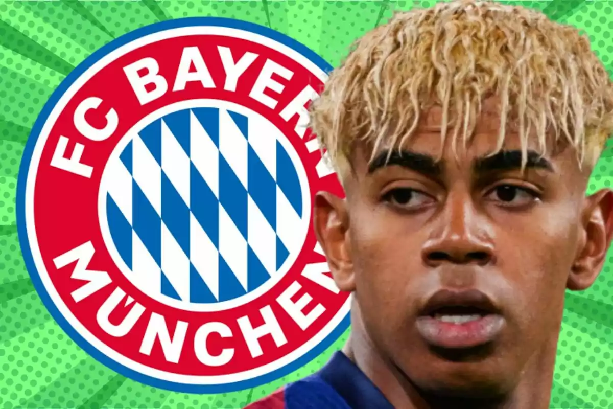 Blond-haired player with the Bayern Munich crest in the background on a green design