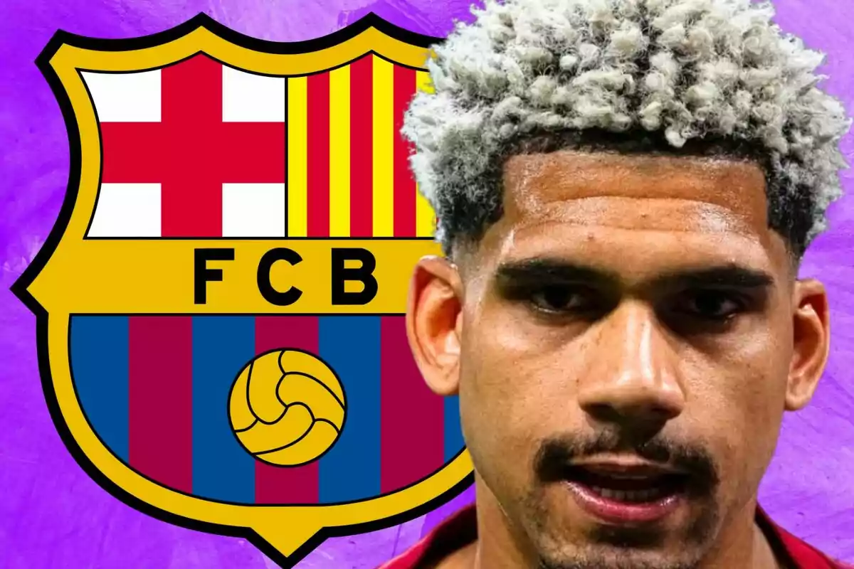 Futbolista con cabello rizado y teñido de rubio frente al escudo del FC Barcelona sobre un fondo morado