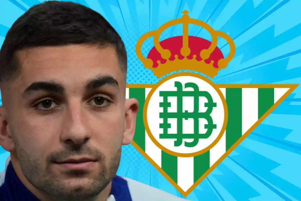 Un hombre de cabello corto aparece en primer plano junto al escudo del Real Betis sobre un fondo azul llamativo