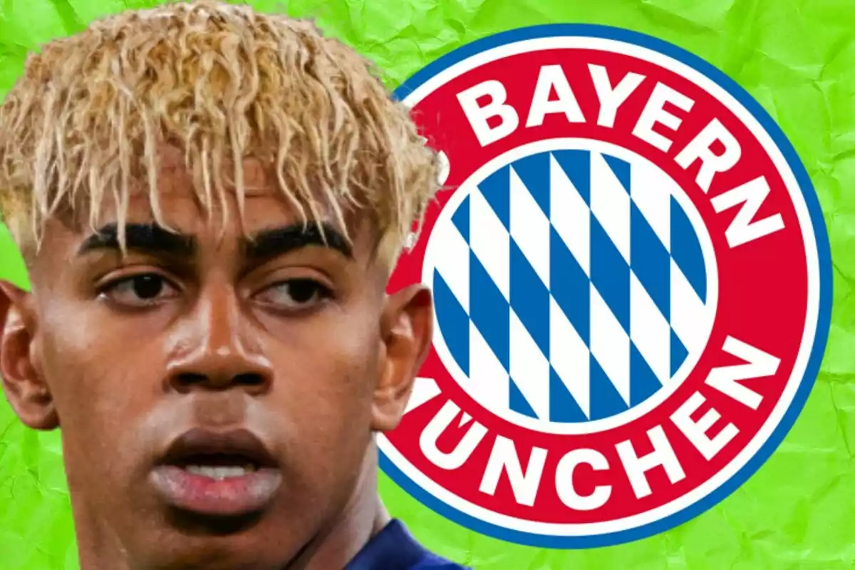 A blonde-haired player with the Bayern Munich crest in the background on a green backdrop