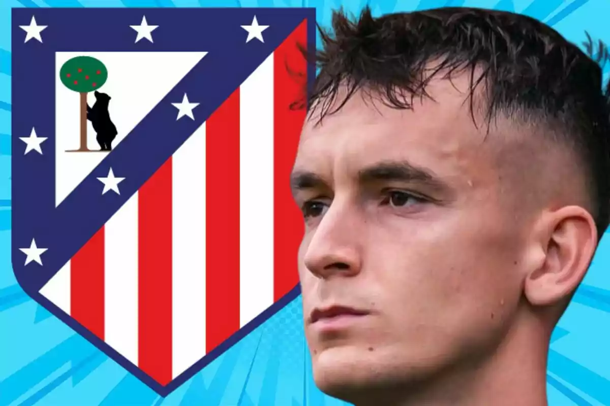 A player in profile with the Atlético de Madrid crest in the background on a blue design