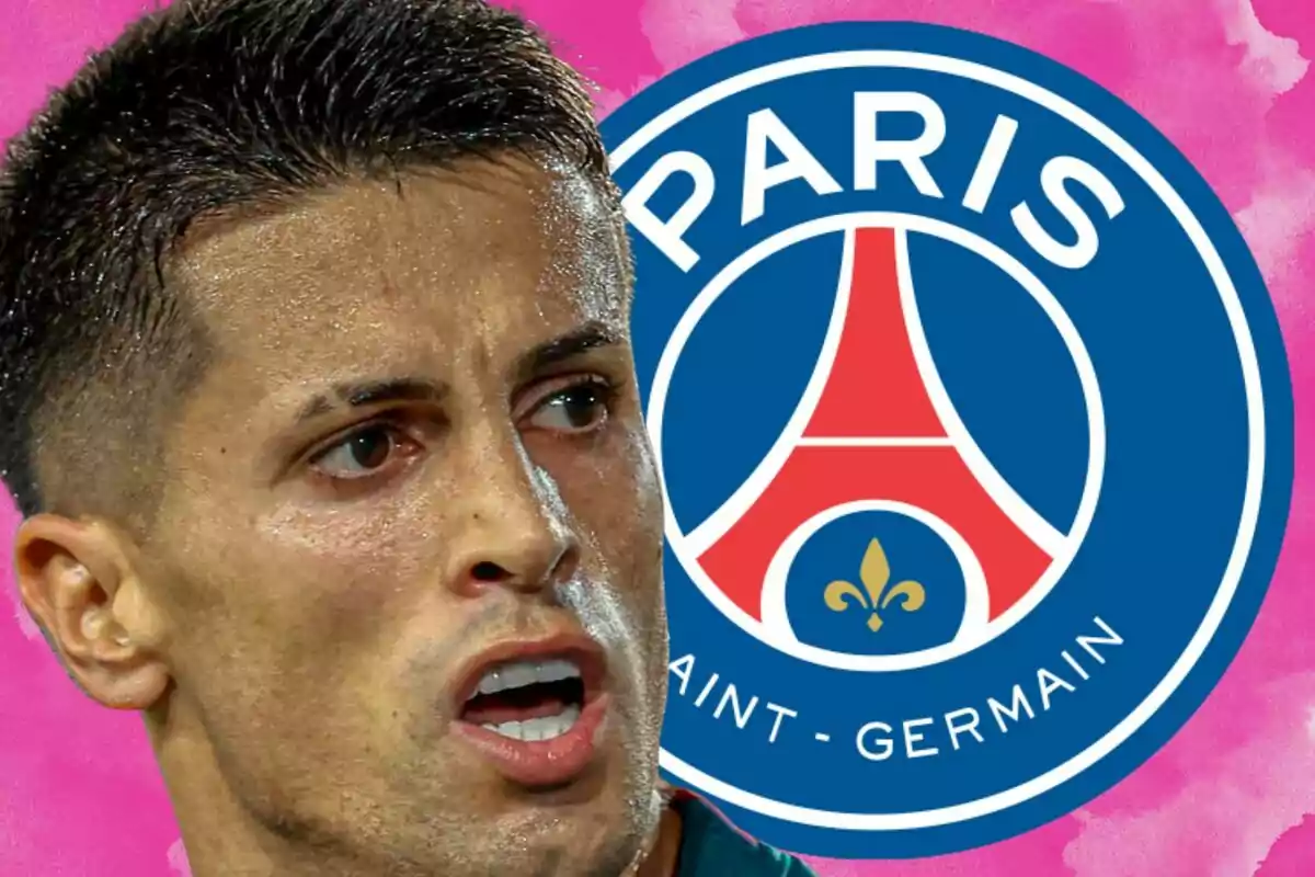 A player with a serious expression appears in the foreground with the Paris Saint-Germain crest in the background against a pink backdrop.