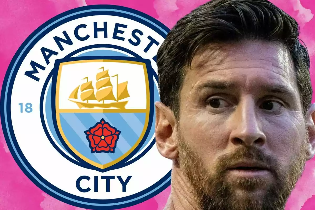 Futbolista con barba frente al escudo del Manchester City sobre un fondo rosa