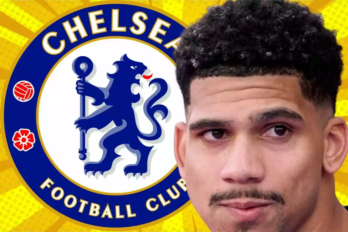 A curly-haired man appears in the foreground with the Chelsea Football Club crest in the background on a yellow design.