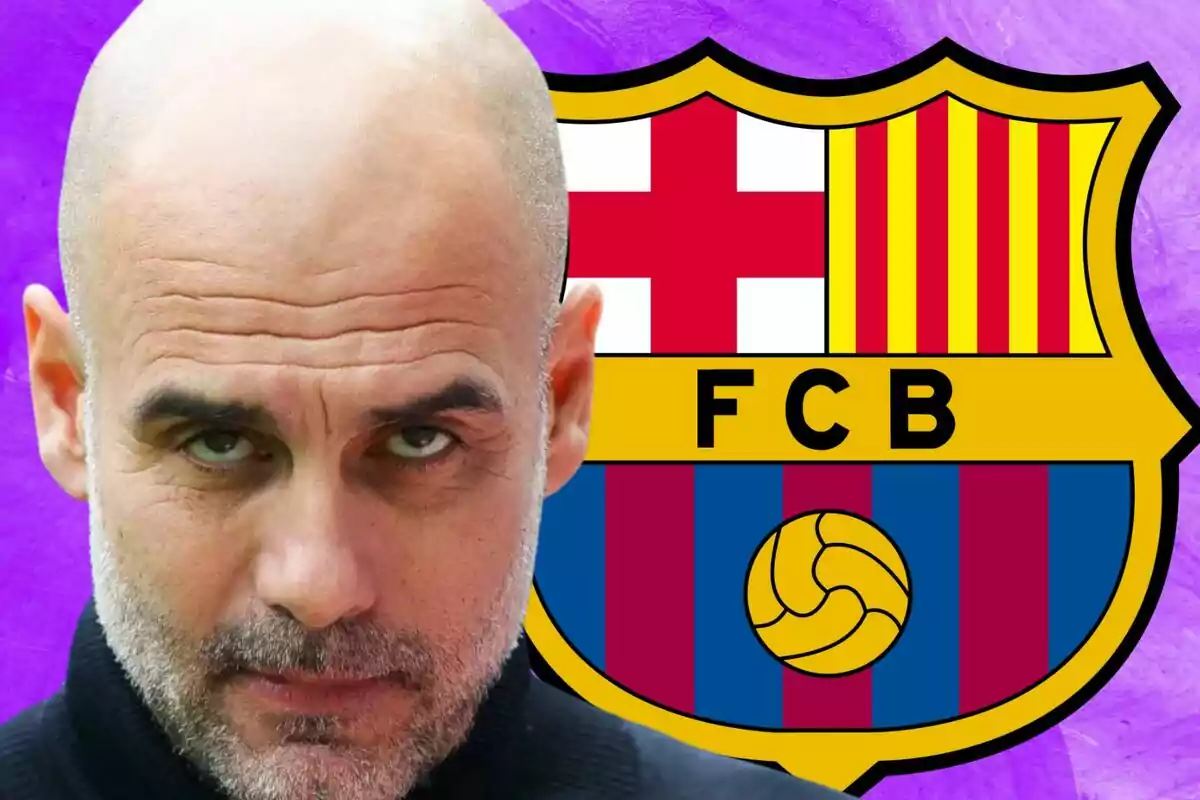 Bald man with a beard looking forward and the FC Barcelona crest in the background