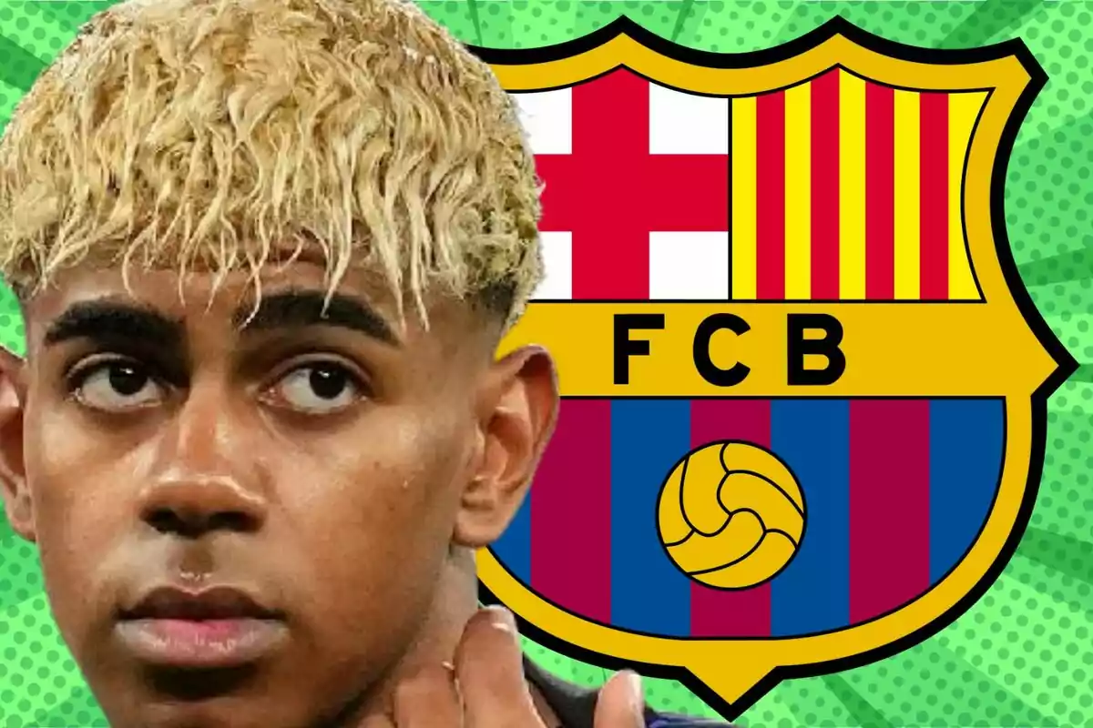 A young footballer with light blond hair appears in the foreground with the FC Barcelona crest in the background on a green design.