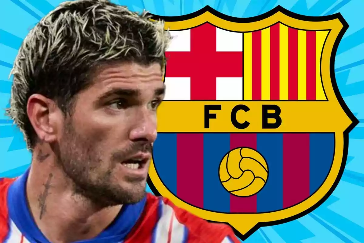 Futbolista con camiseta rojiblanca frente al escudo del FC Barcelona sobre un fondo azul