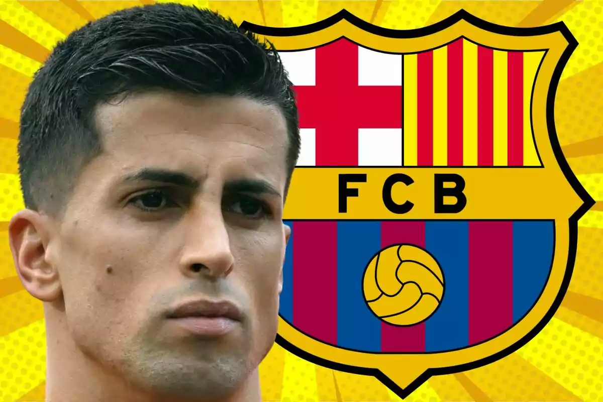Un futbolista con expresión seria aparece en primer plano con el escudo del FC Barcelona de fondo sobre un diseño amarillo llamativo