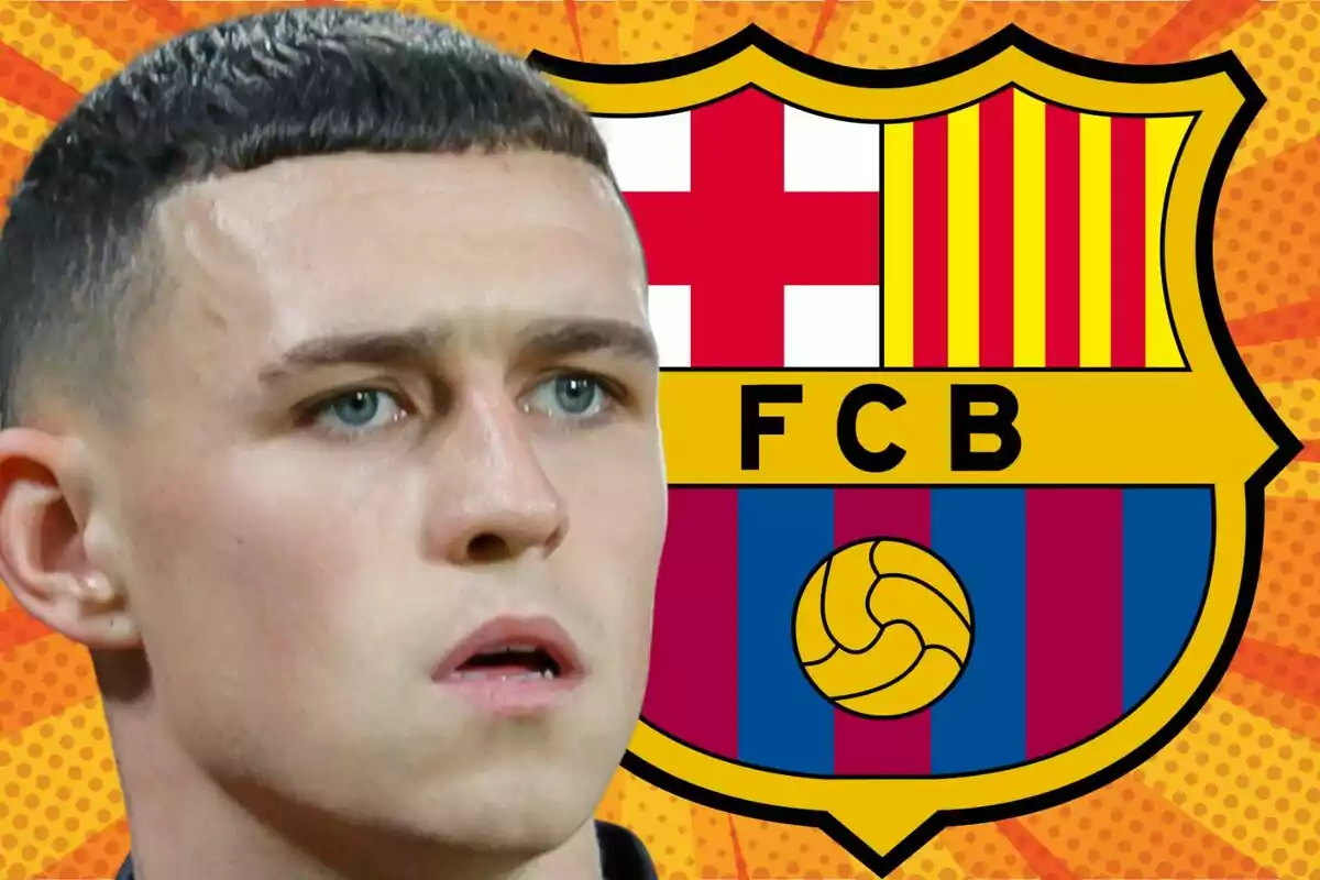 A young man with short hair appears in the foreground with the FC Barcelona crest in the background over a colorful design.
