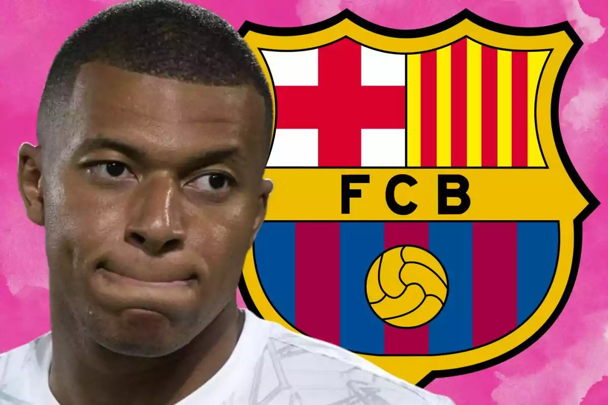 Un futbolista con expresión seria aparece frente al escudo del FC Barcelona sobre un fondo rosa