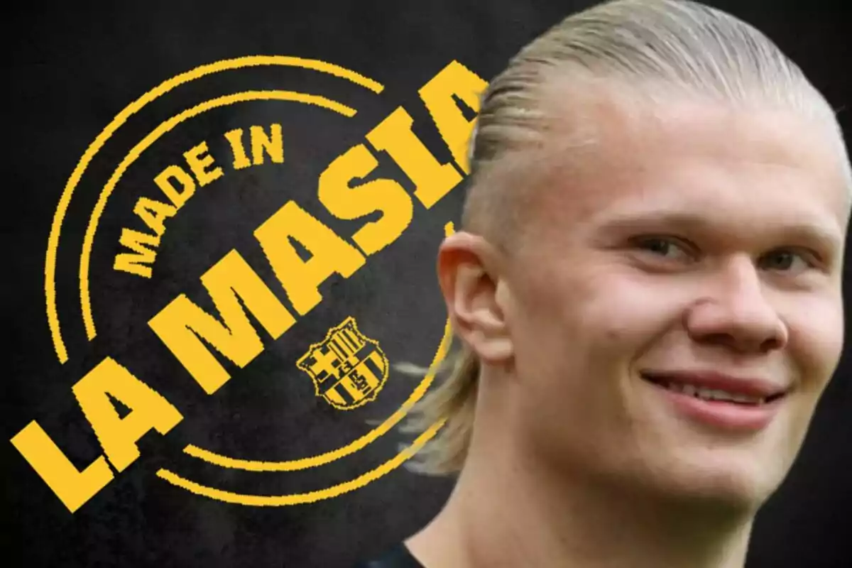 Un hombre rubio sonriente aparece en primer plano con el fondo de un logo amarillo que dice Made in La Masia y el escudo del FC Barcelona.