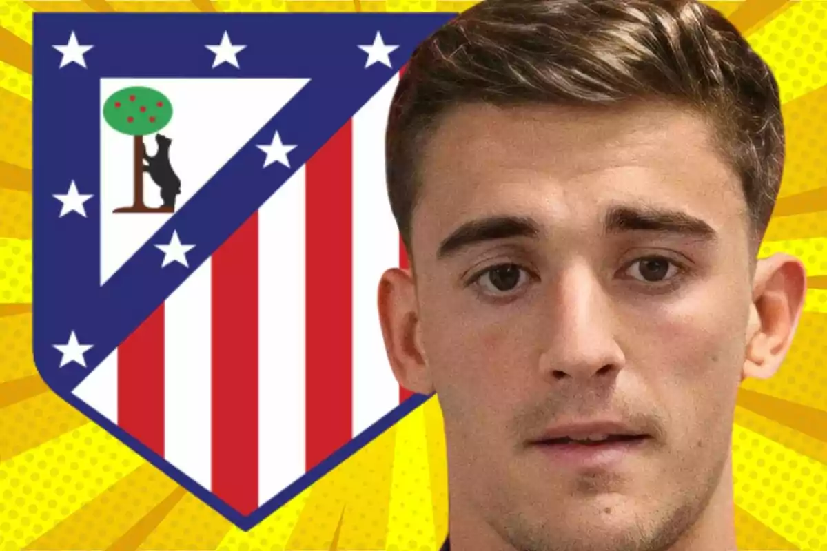 Joven con cabello corto frente al escudo del Atlético de Madrid sobre un fondo amarillo llamativo