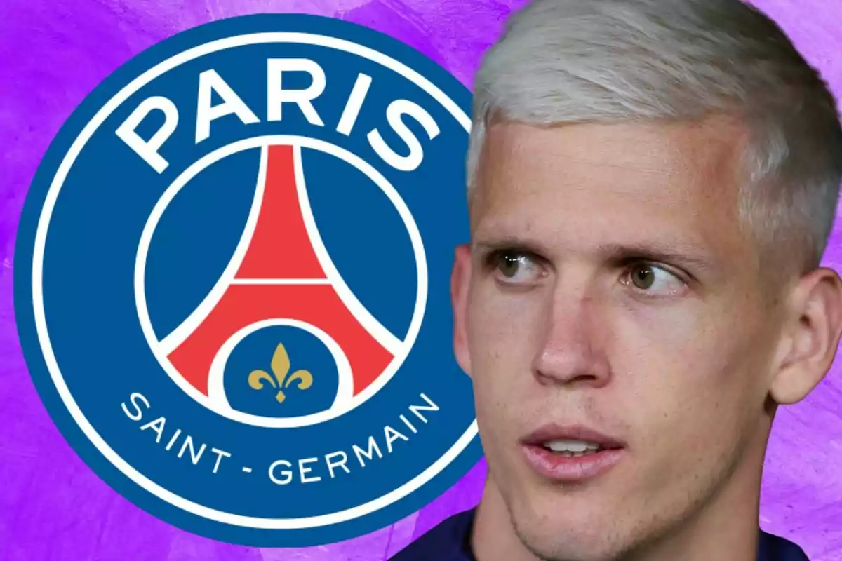 Hombre de cabello rubio claro junto al escudo del Paris Saint-Germain sobre un fondo morado