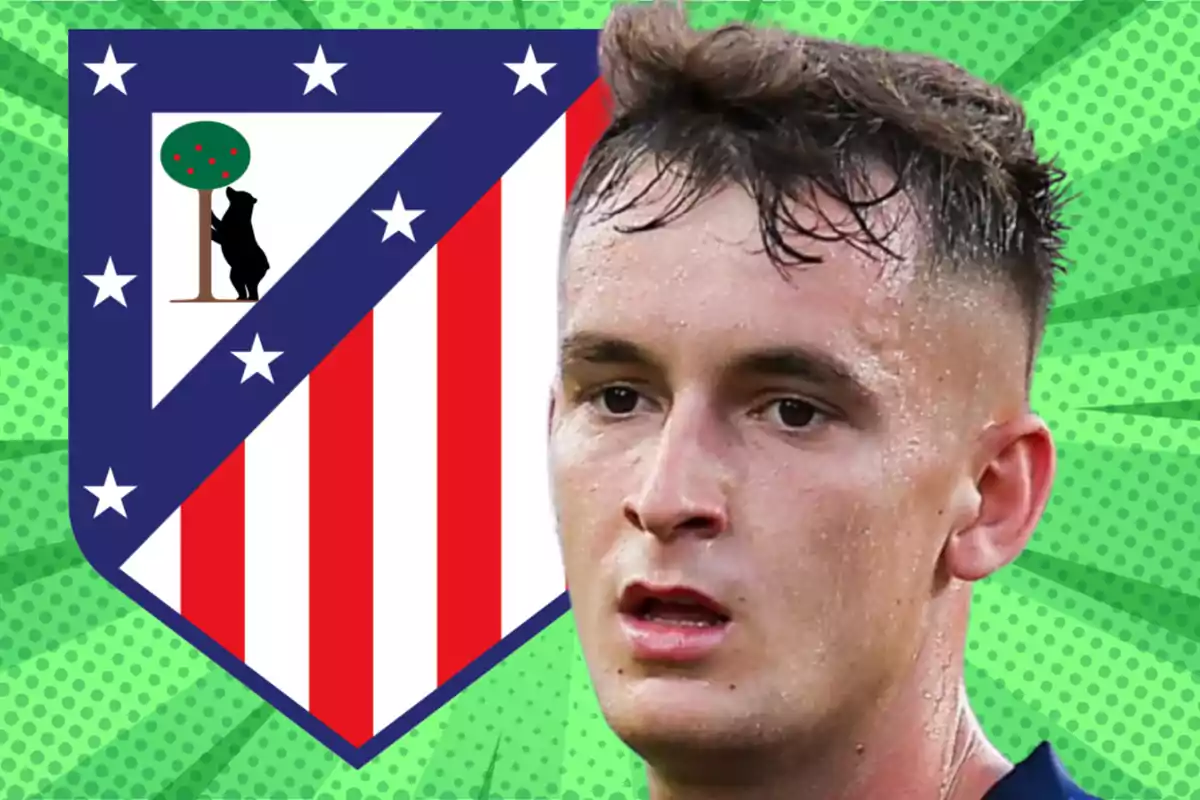 A player with the Atlético de Madrid crest in the background on a green design.