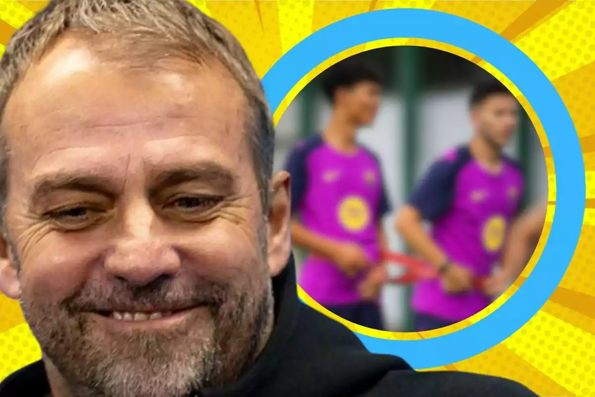 Smiling man in the foreground with a yellow background and a blue circle showing two people training in blurred purple jerseys.