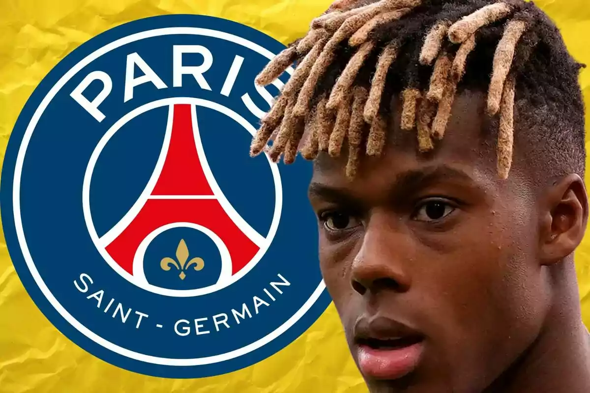 A player with curly blond hair appears in the foreground next to the Paris Saint-Germain crest against a yellow background.