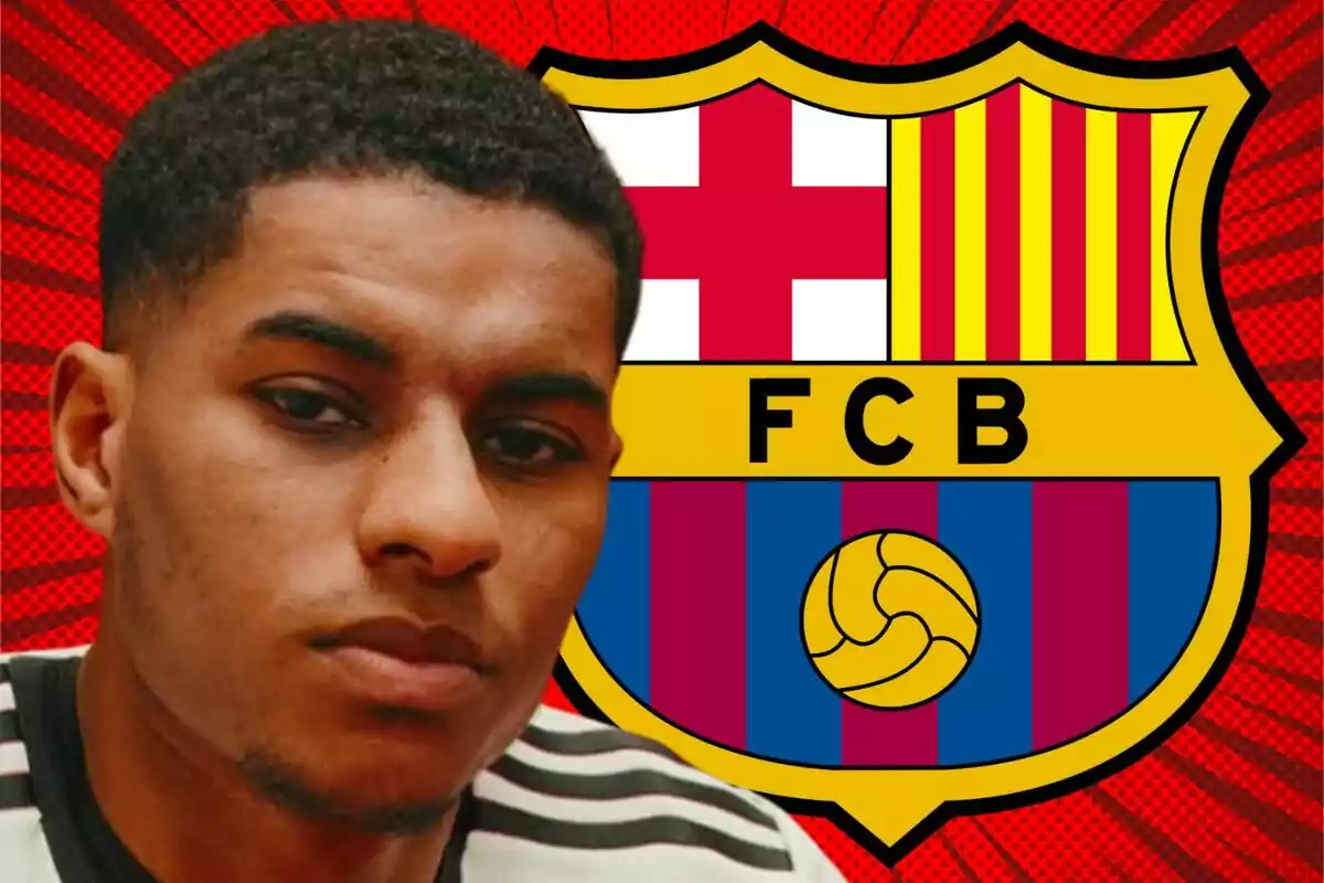 A player with a serious expression appears in the foreground next to the FC Barcelona crest against a striking red background.