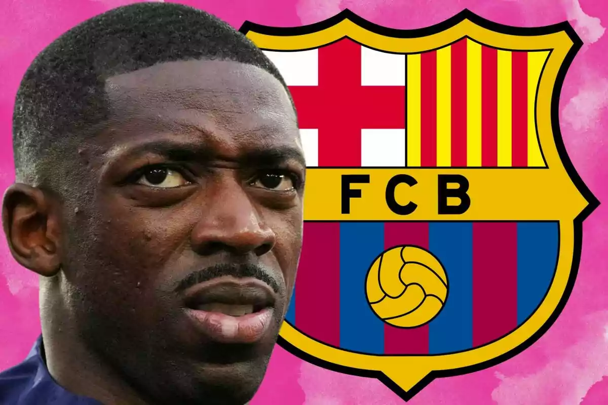 A player with a serious expression appears in the foreground next to the FC Barcelona crest against a pink background.