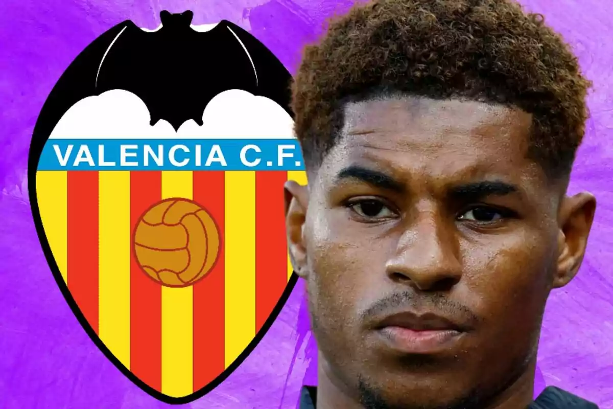 Escudo del Valencia Club de Fútbol junto al rostro de un futbolista sobre un fondo morado