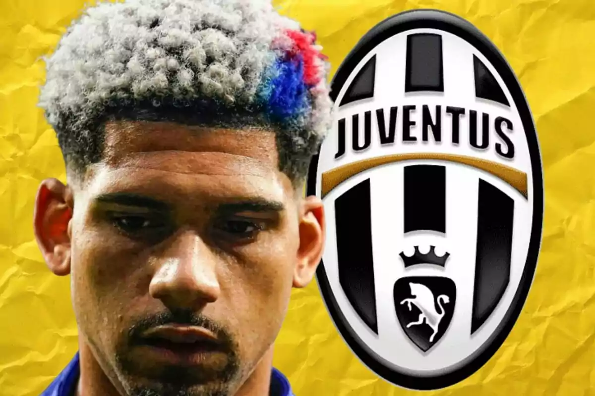 Un futbolista de cabello rizado y teñido con colores blanco y azul aparece junto al escudo del club Juventus sobre un fondo amarillo.