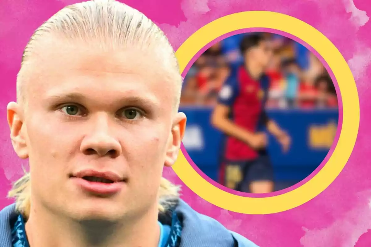 Primer plano de un hombre rubio con fondo rosa y un círculo amarillo que enmarca a un futbolista desenfocado al fondo