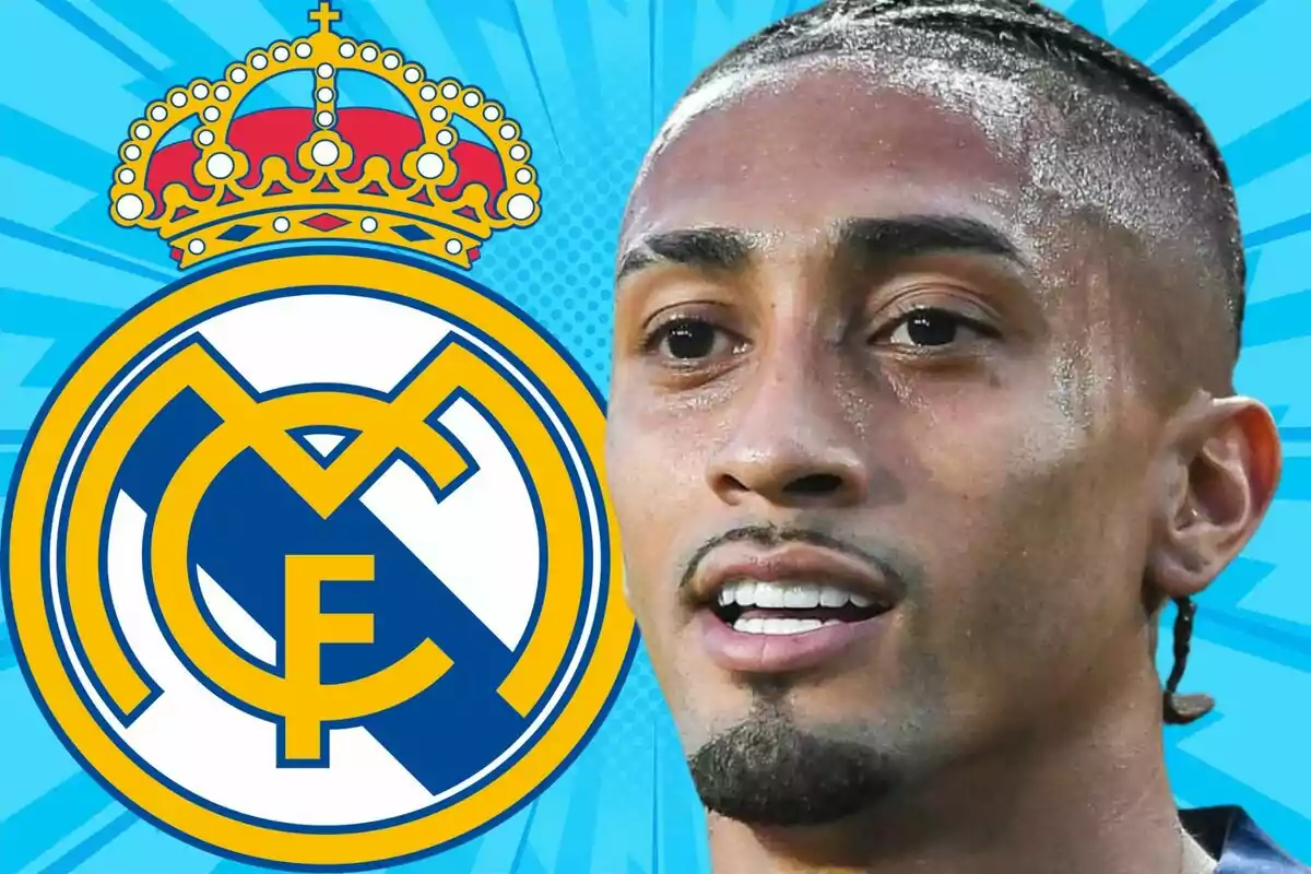 Soccer player with the Real Madrid crest in the background on a blue design