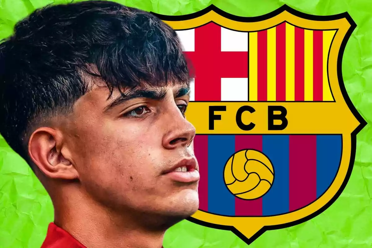 Young player wearing a red jersey in front of the FC Barcelona crest against a green background