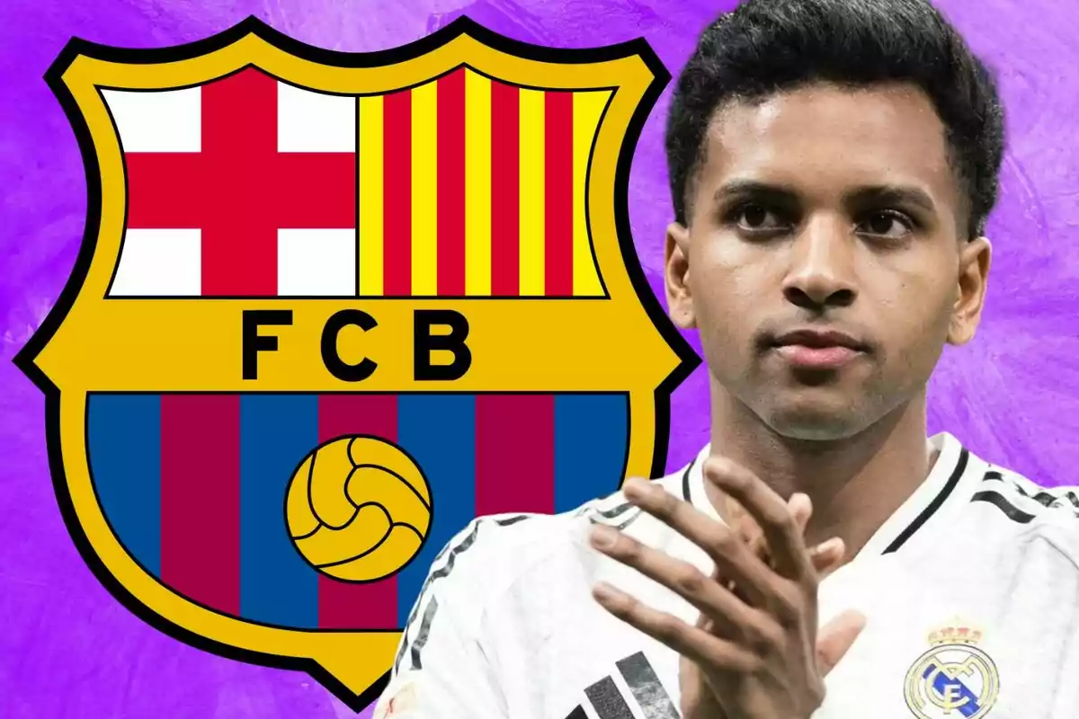 Jugador del Real Madrid aplaudiendo con el escudo del FC Barcelona de fondo sobre un fondo morado