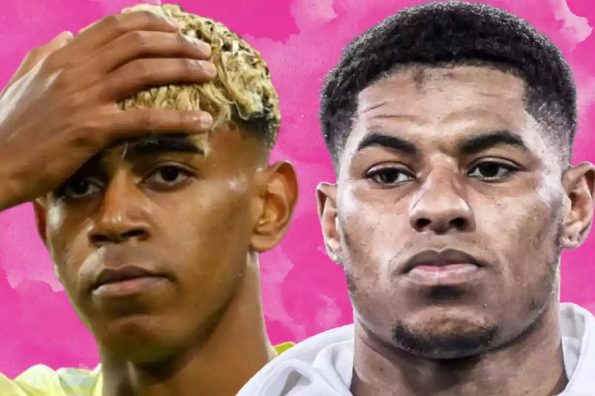 Two young people with serious expressions against a pink background