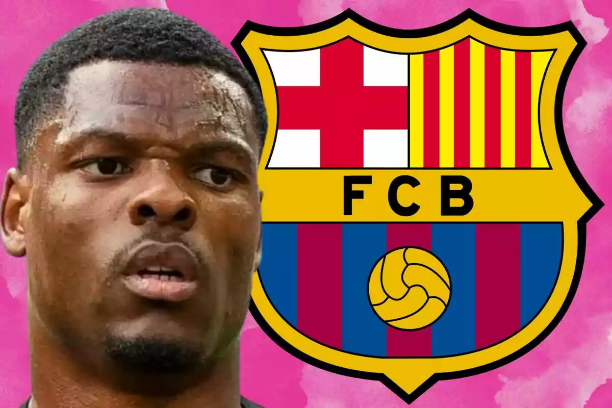 Un futbolista con expresión seria aparece junto al escudo del FC Barcelona sobre un fondo rosa.