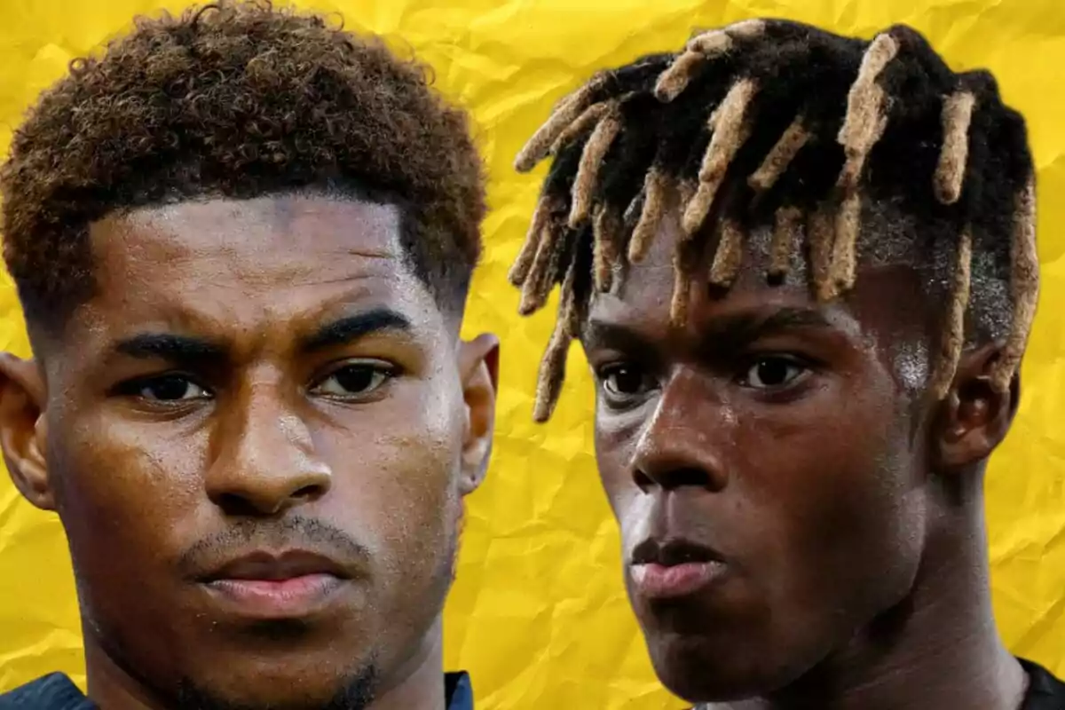 Two young men with serious expressions against a yellow background