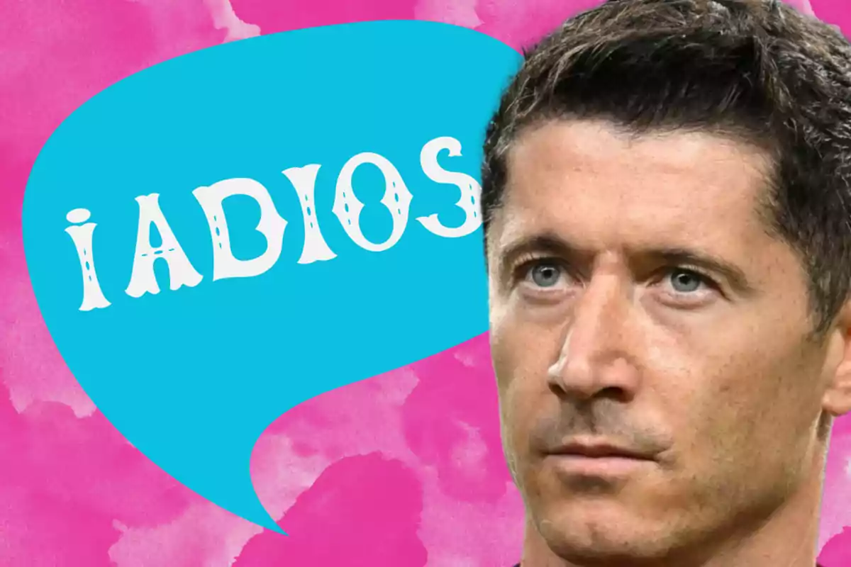 Serious-looking man with a pink background and a blue balloon saying goodbye