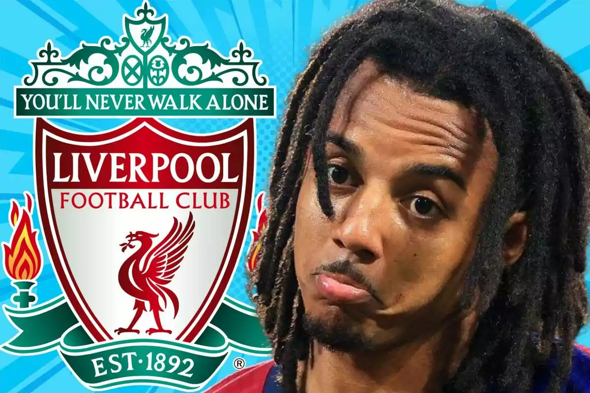 A player with a doubtful expression appears next to the Liverpool crest on a blue background.