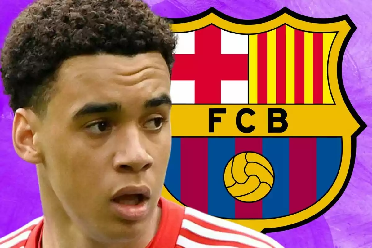 A player wearing a red jersey appears in the foreground with the FC Barcelona crest in the background on a purple backdrop.