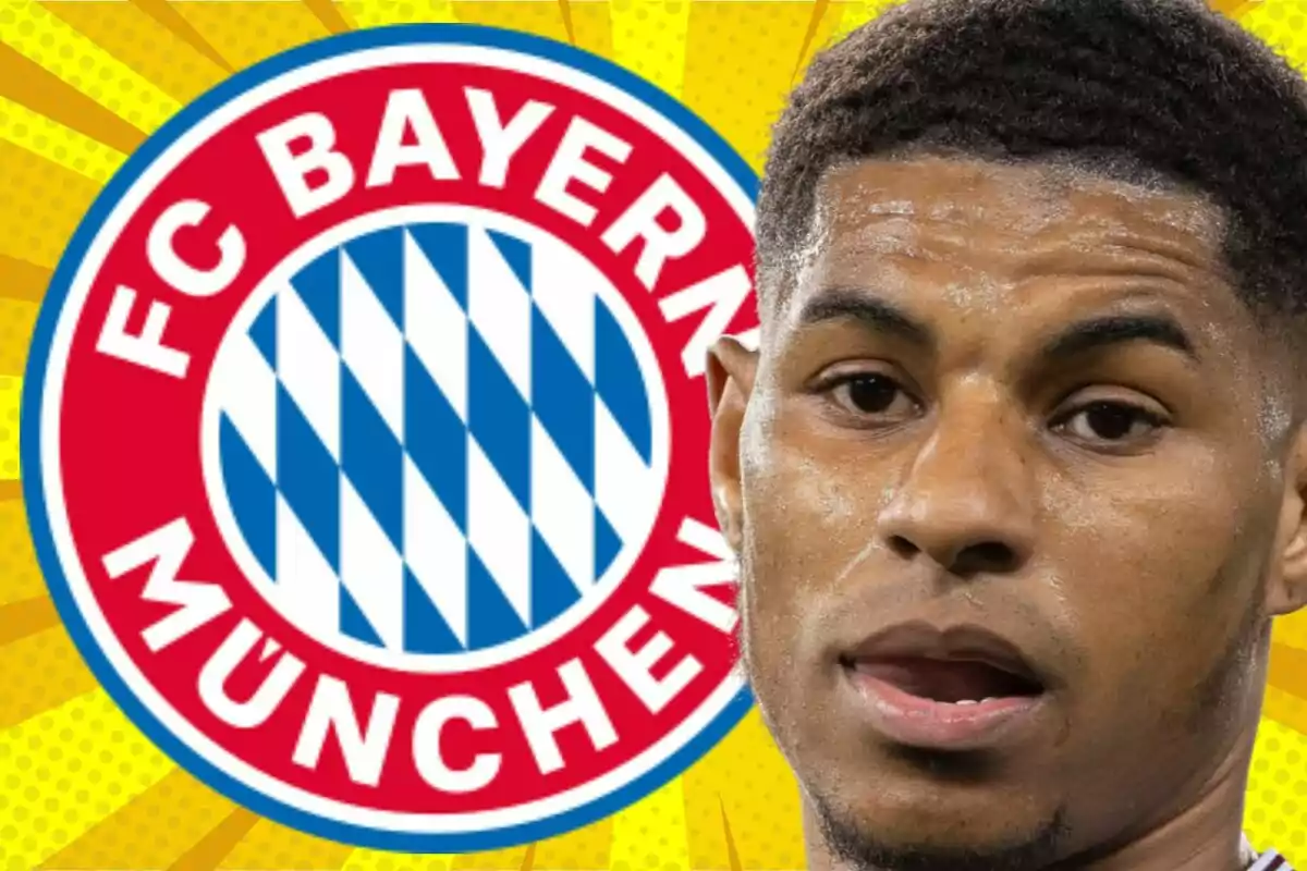 Un futbolista en primer plano con el escudo del Bayern Múnich de fondo sobre un diseño amarillo llamativo