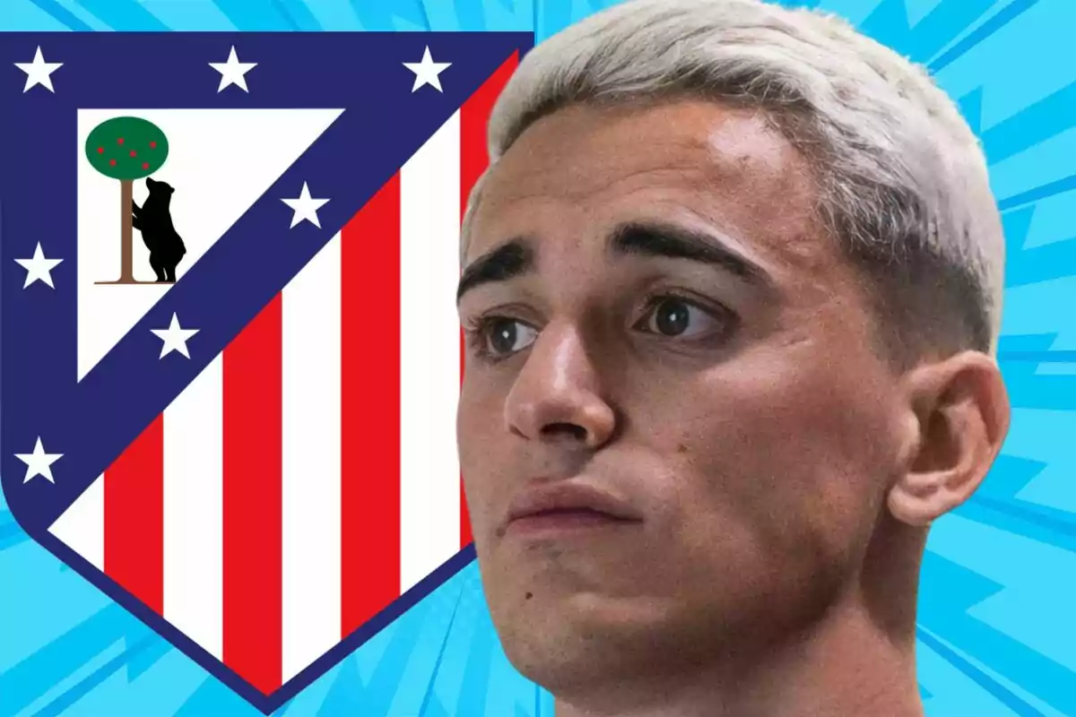 A young man with platinum blonde hair and a serious expression appears in the foreground next to the Atlético de Madrid crest against a striking blue background.