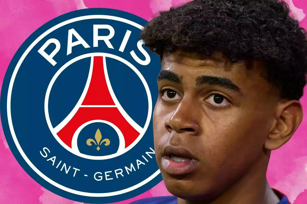 Joven futbolista con expresión seria frente al escudo del Paris Saint-Germain sobre un fondo rosa
