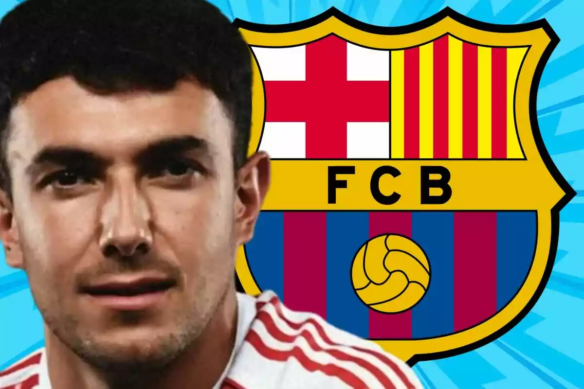 A man wearing a white and red jersey appears in the foreground with the FC Barcelona crest in the background on a blue design.
